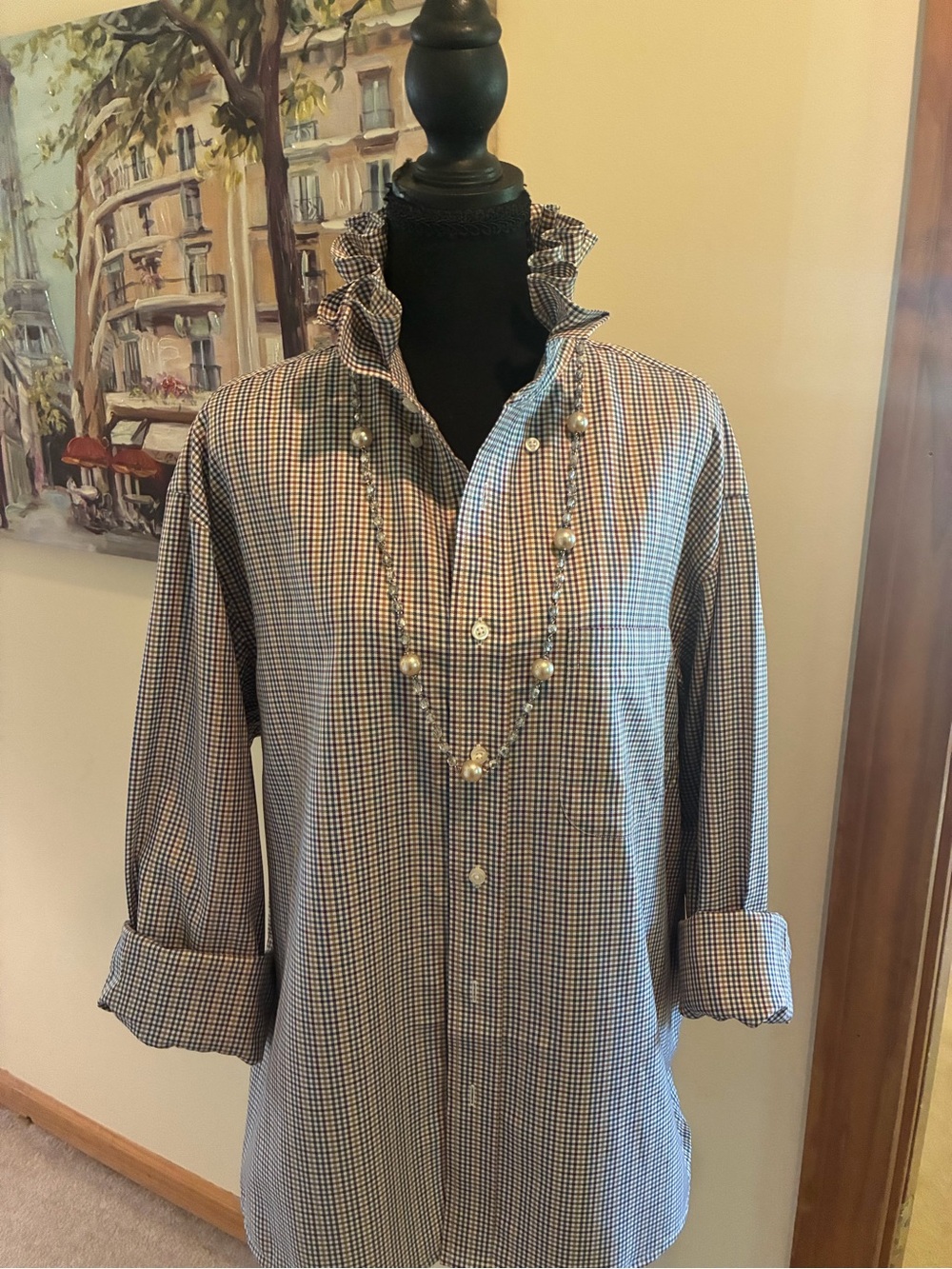 Jos. A. Bank Blue and Brown Checked Tie-Front Button Down Shirt - Picture 3 of 7